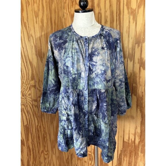 Cabi Blouse Woodstock Button Down Blue & Green Tye-Dye  Size M Linen - Picture 2 of 9